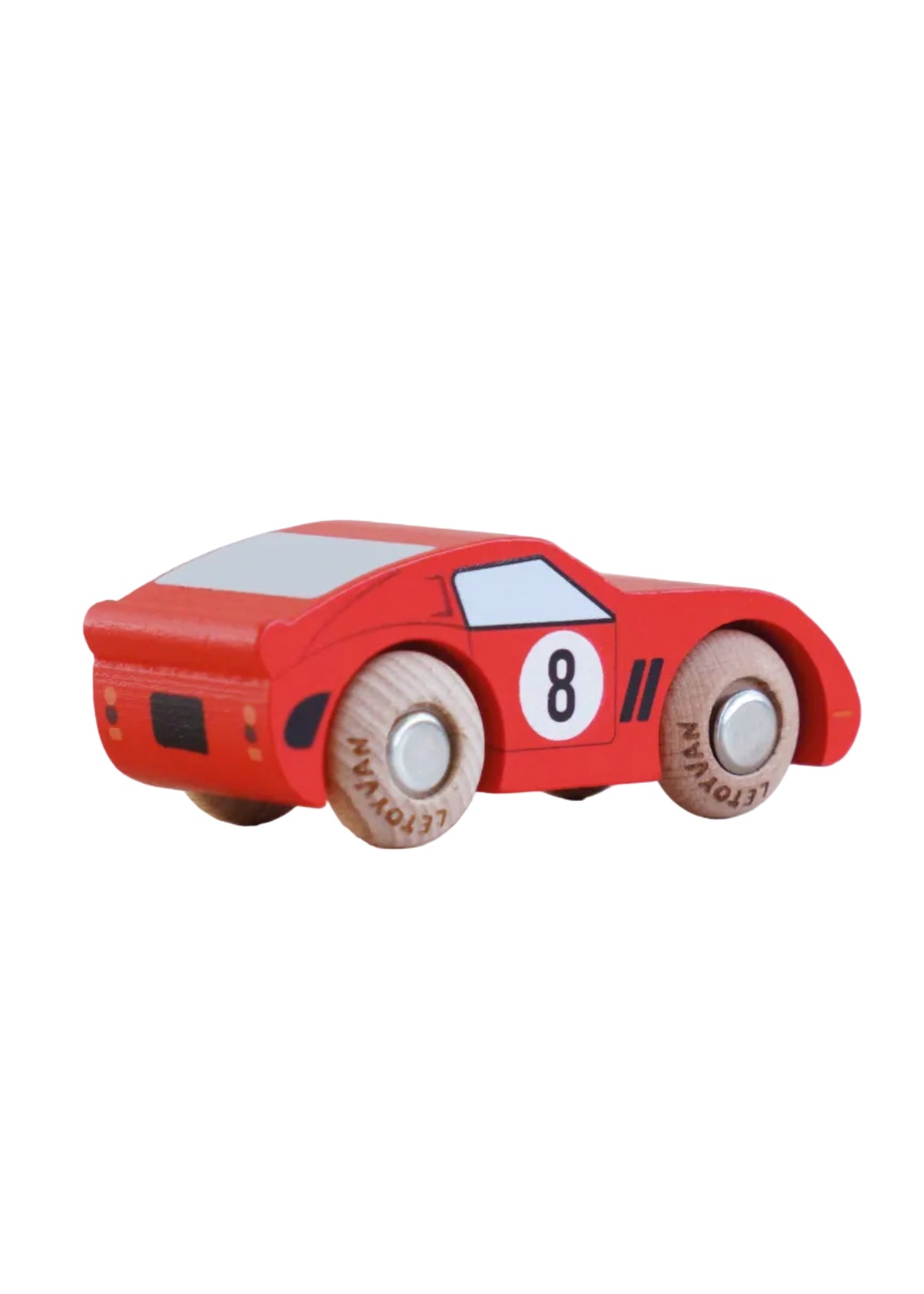 Red toy car with the number 8 on a light pink background