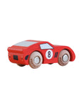 Red toy car with the number 8 on a light pink background