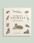 Book titled 'Our Big Book of Animals' with illustrations of various animals on a light green background