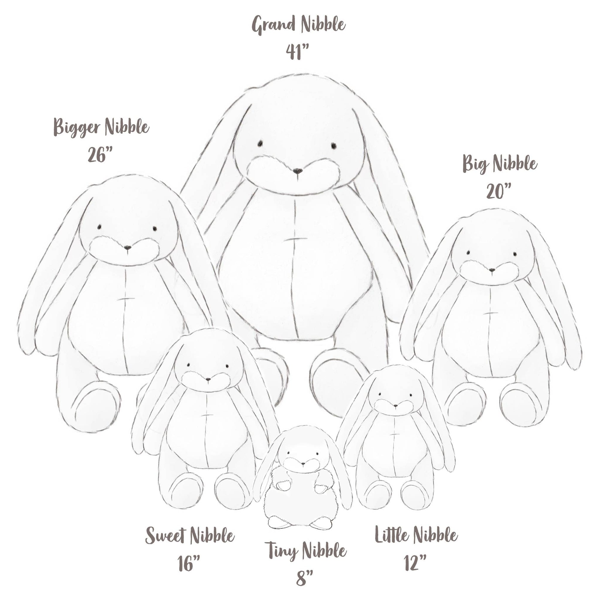 Illustration of various sizes of plush bunnies with measurements on a white background