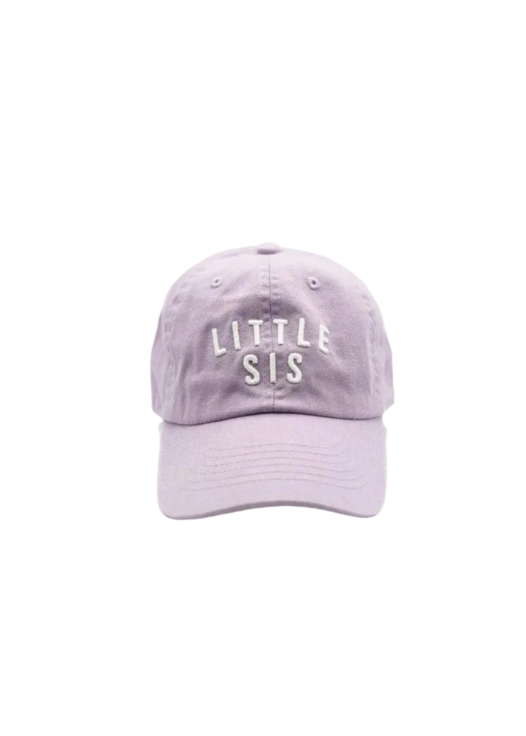 Lavender cap with 'LITTLE SIS' text on a white background