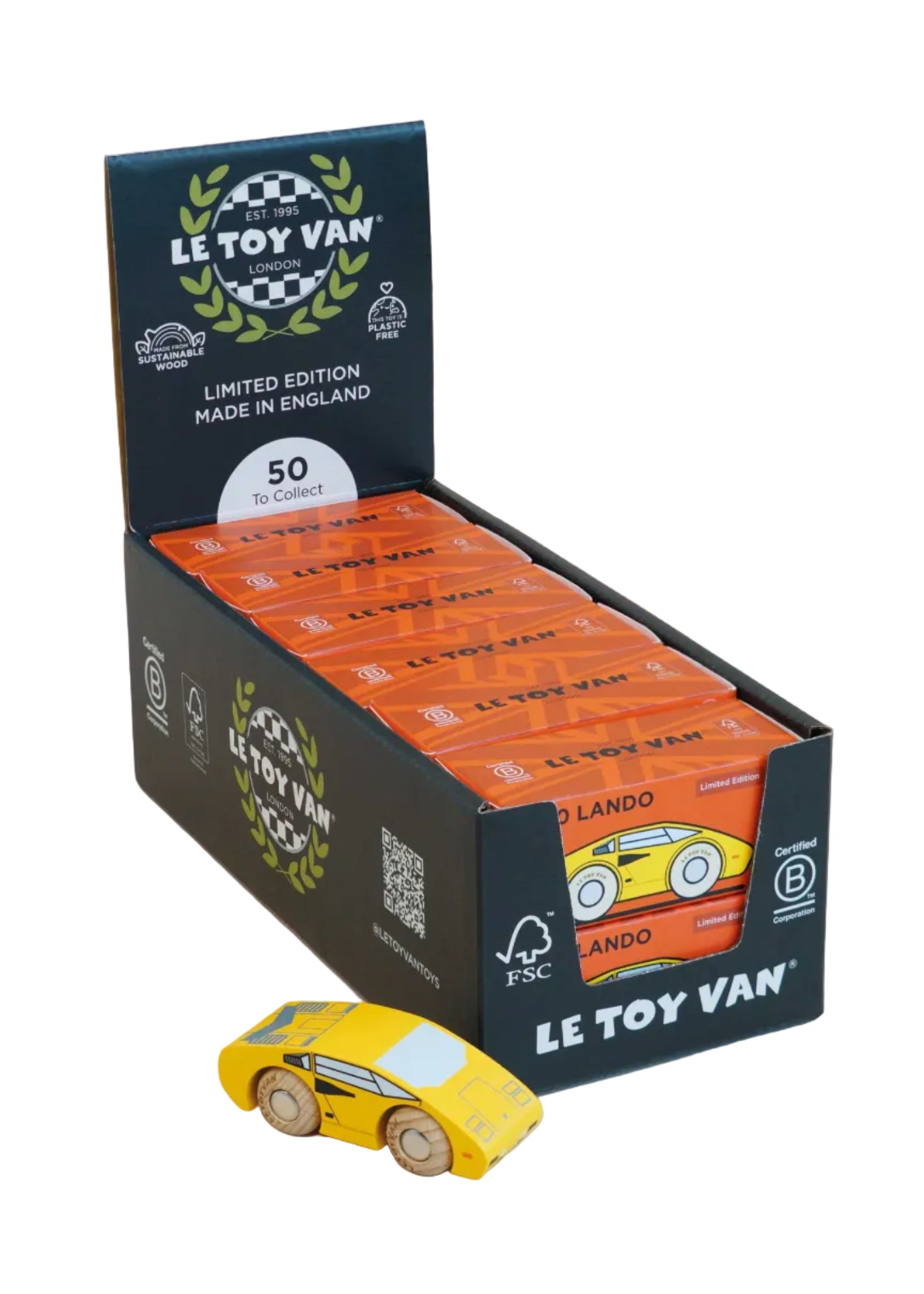 Box of Le Toy Van toy cars with a single car in front on a light background