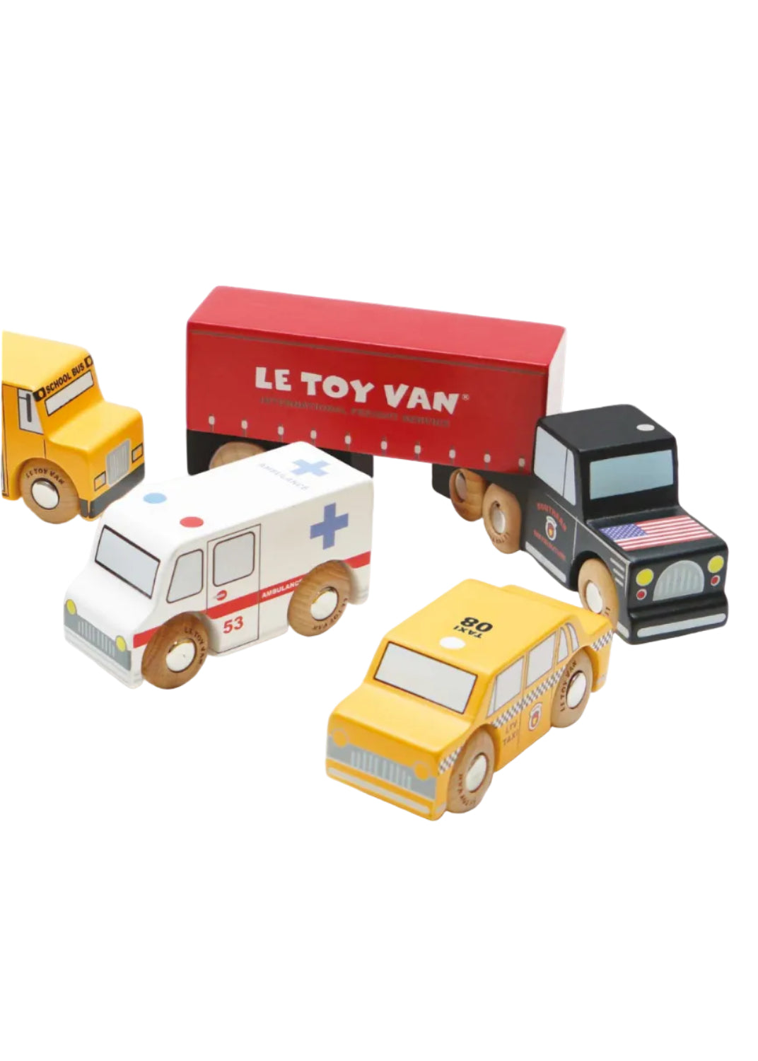 Set of wooden toy vehicles including a school bus, truck, ambulance, and taxi on a white background with 'Le Toy Van' branding.