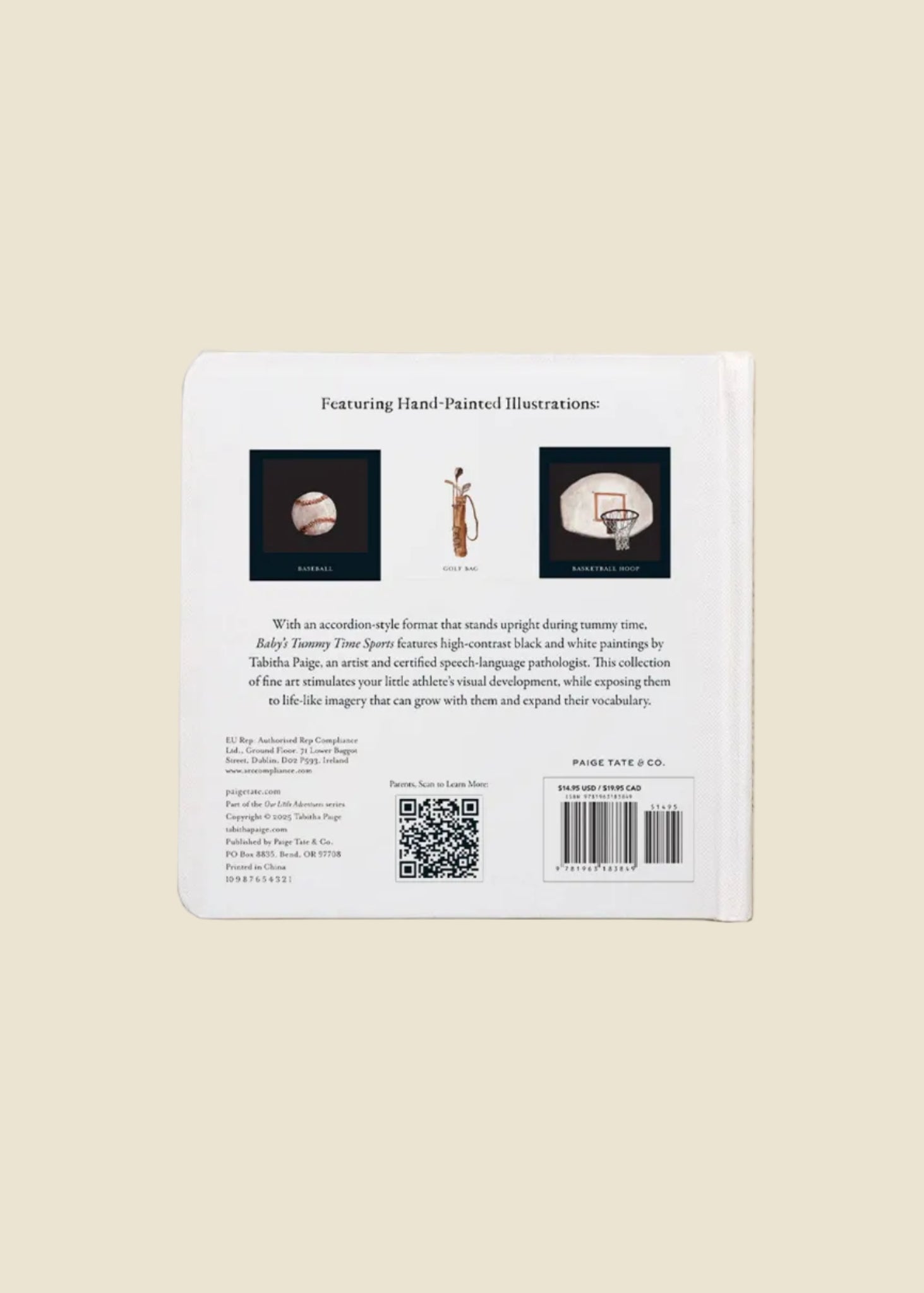 Back cover of a book with illustrations and text on a beige background
