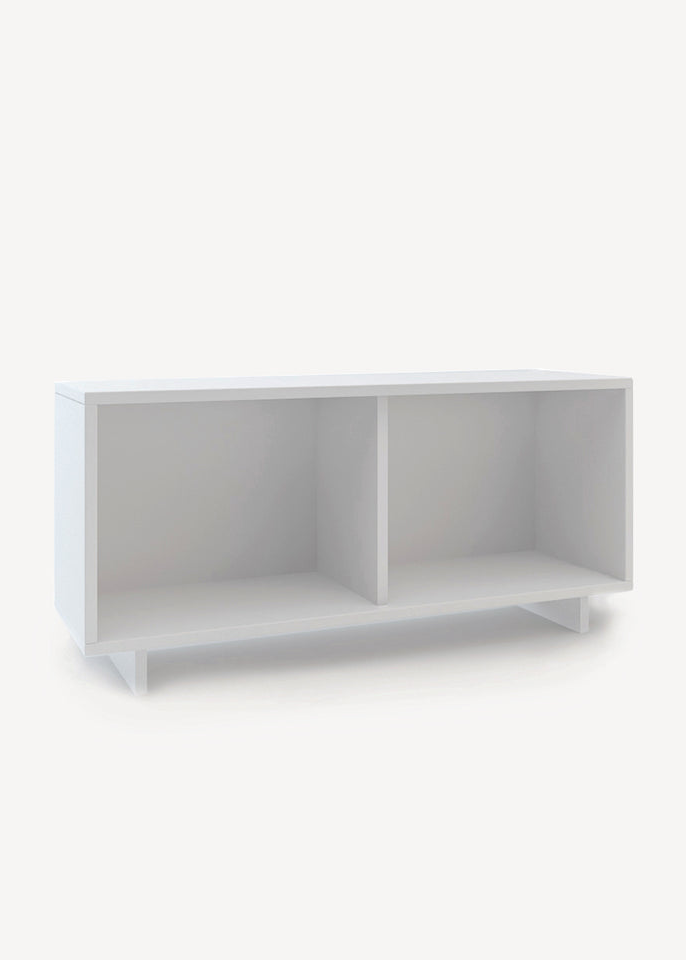 White shelf with two compartments on a white background