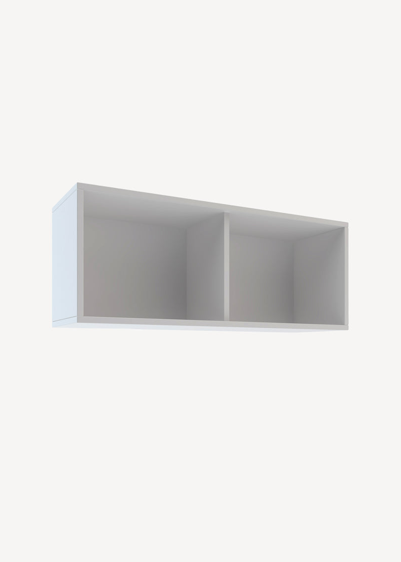 White wall-mounted shelf with two compartments on a white background
