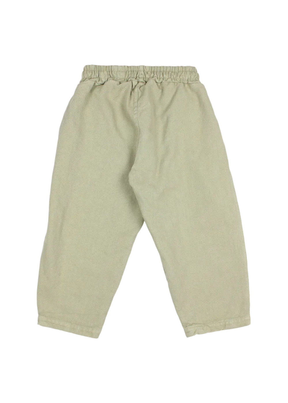 A pair of light sage green pants with an elastic waistband and drawstring, laid flat against a light gray background.