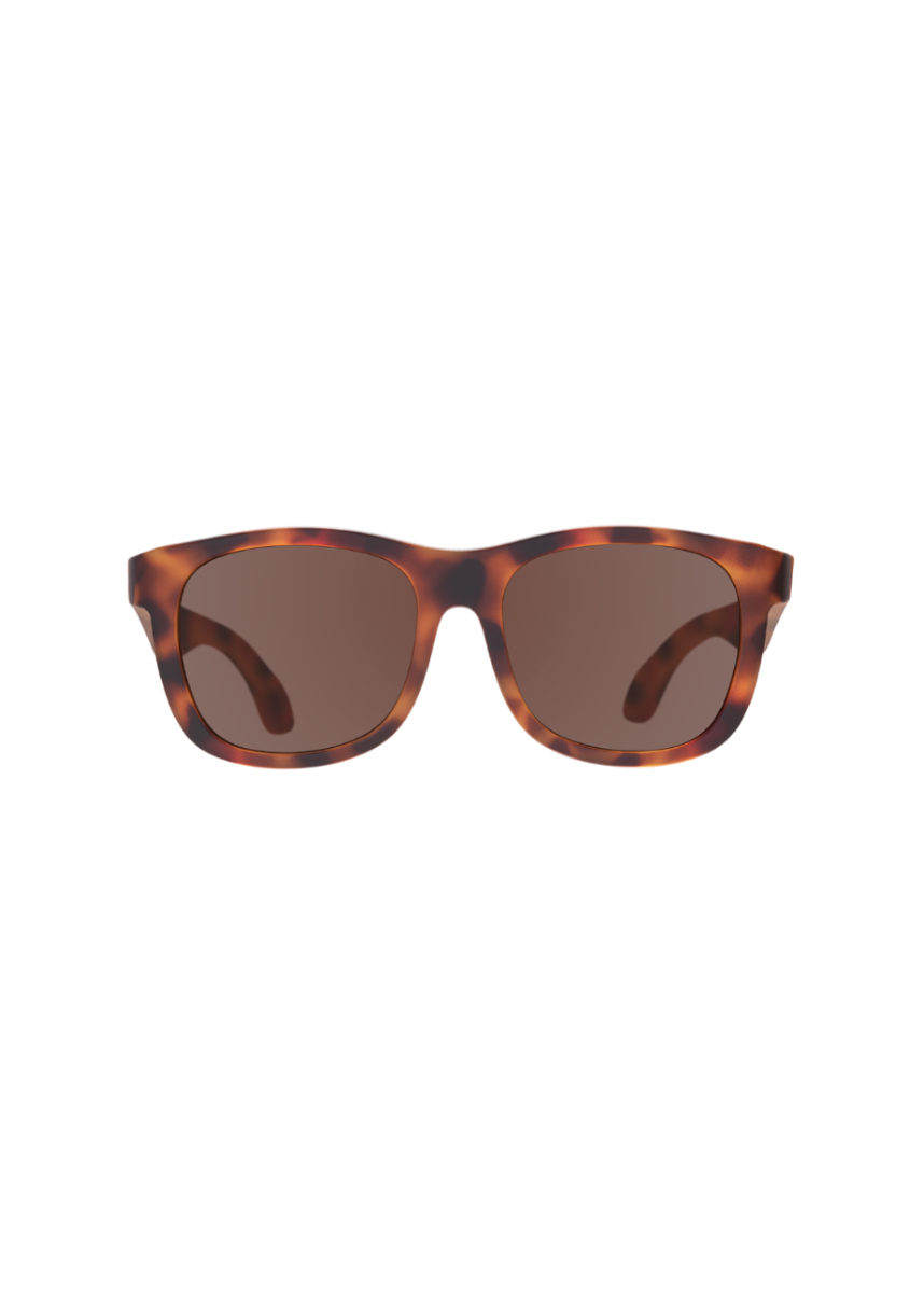 Sunglasses with tortoiseshell frame and dark lenses on a white background