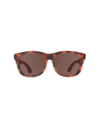 Sunglasses with tortoiseshell frame and dark lenses on a white background