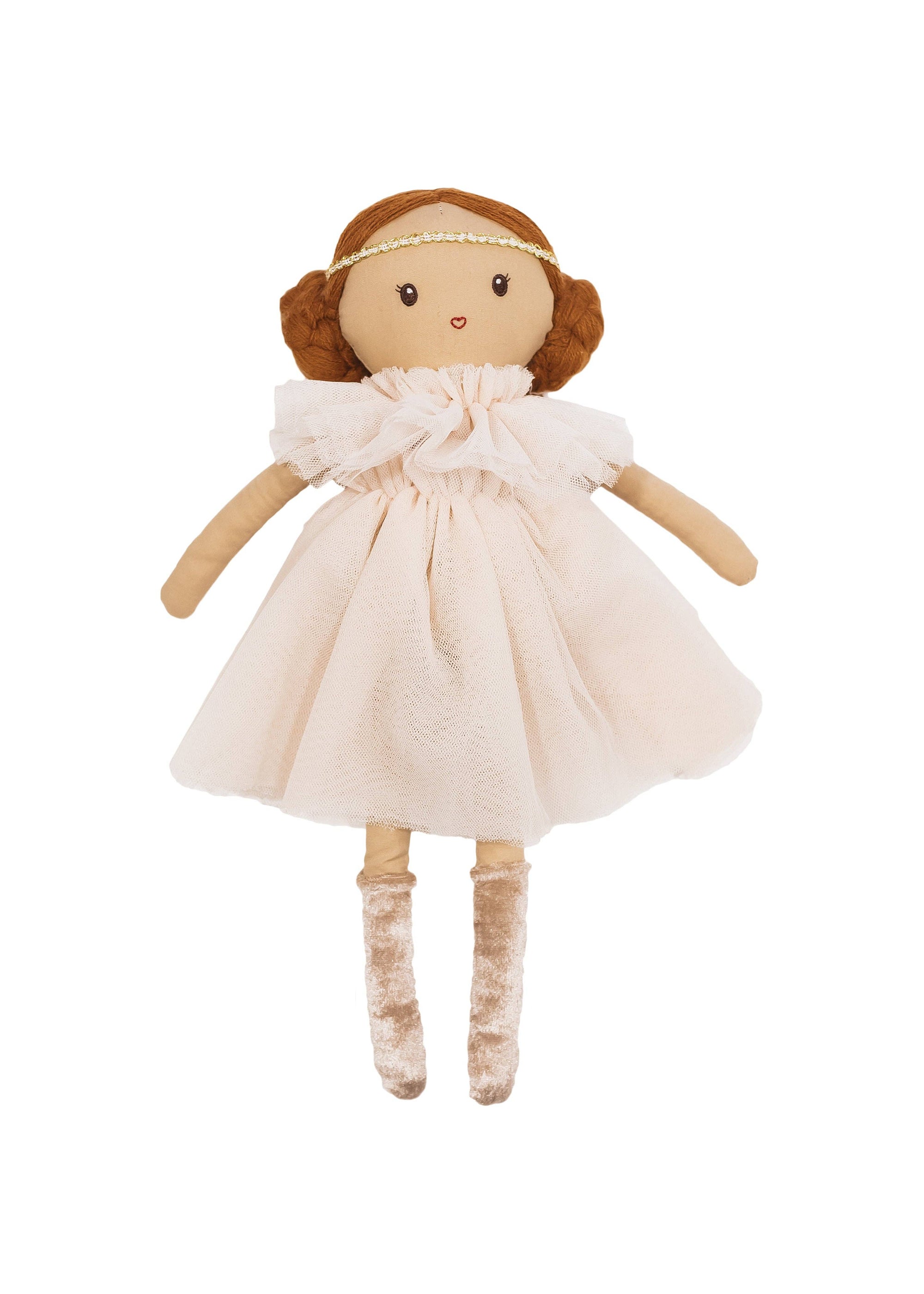 Stuffed doll with a white dress on a white background