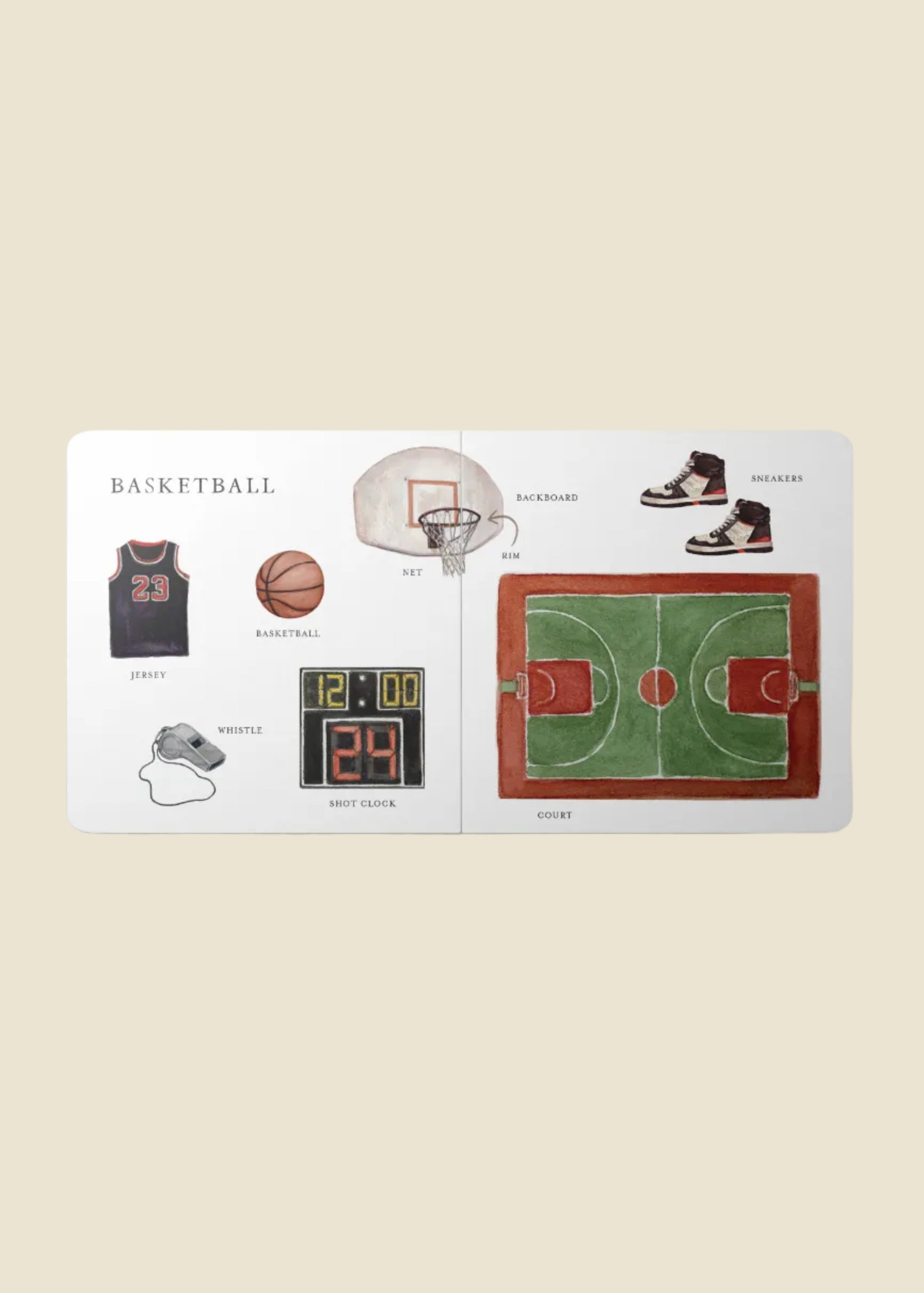 Illustrated book page about basketball with various elements on a beige background