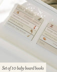 Set of 10 baby board books with categories on a white surface.