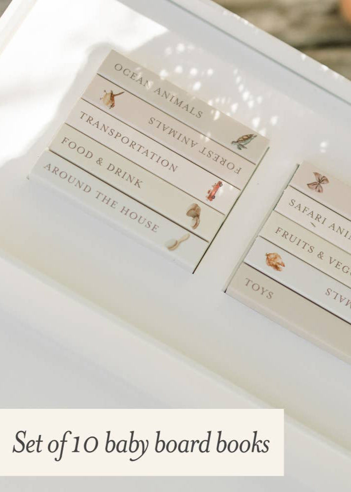 Set of 10 baby board books with categories on a white surface.