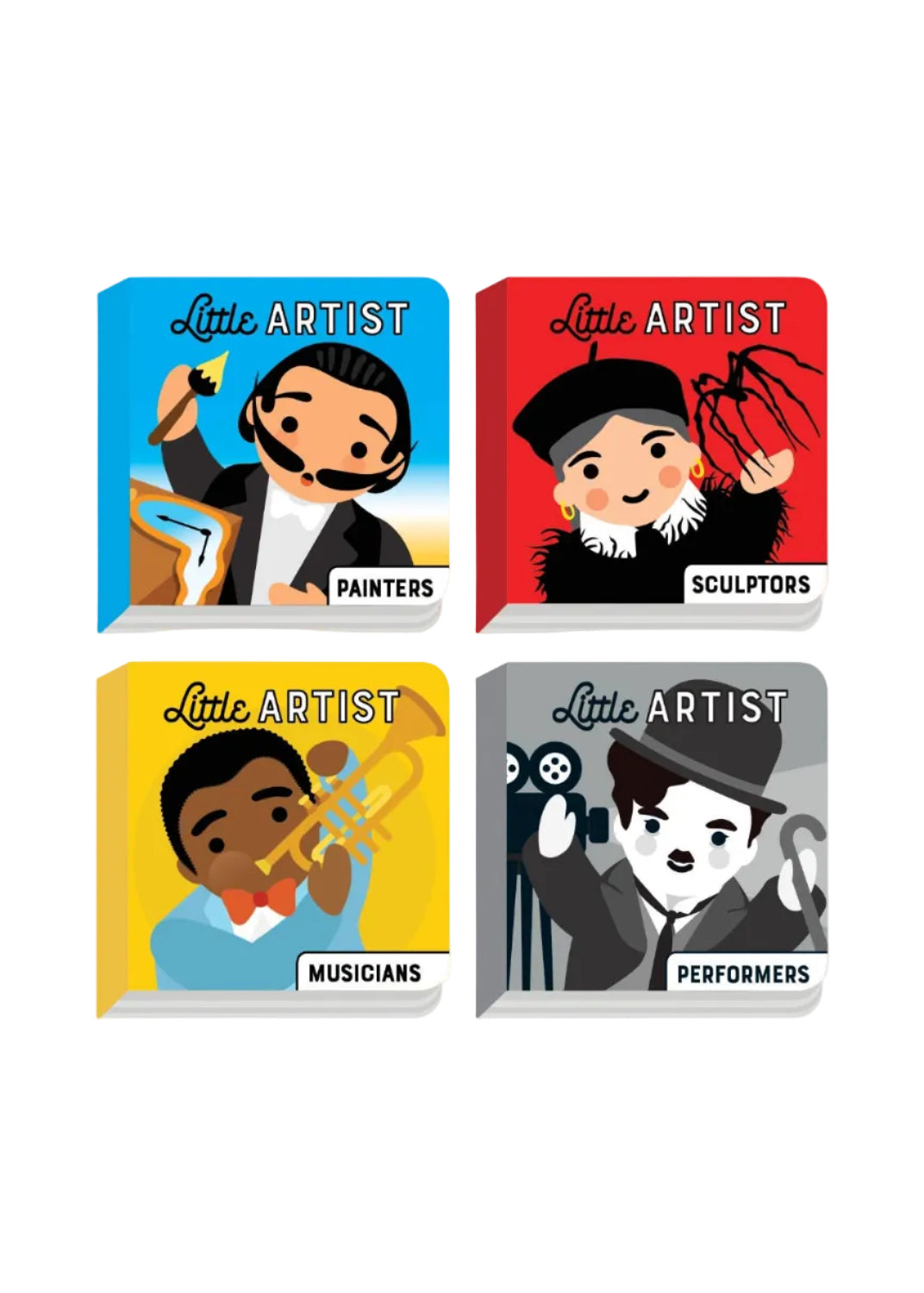Four books titled 'Little Artist' featuring illustrations of painters, sculptors, musicians, and performers on a white background.