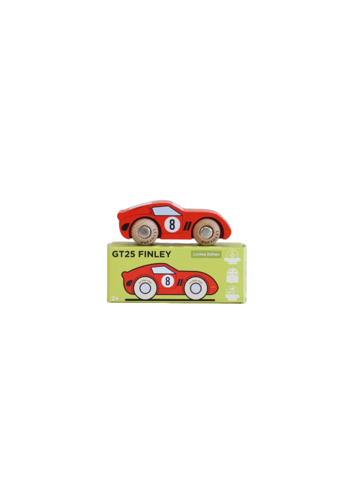 Wooden toy car with 'GT25 Finley' packaging on a light beige background