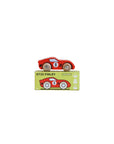 Wooden toy car with 'GT25 Finley' packaging on a light beige background