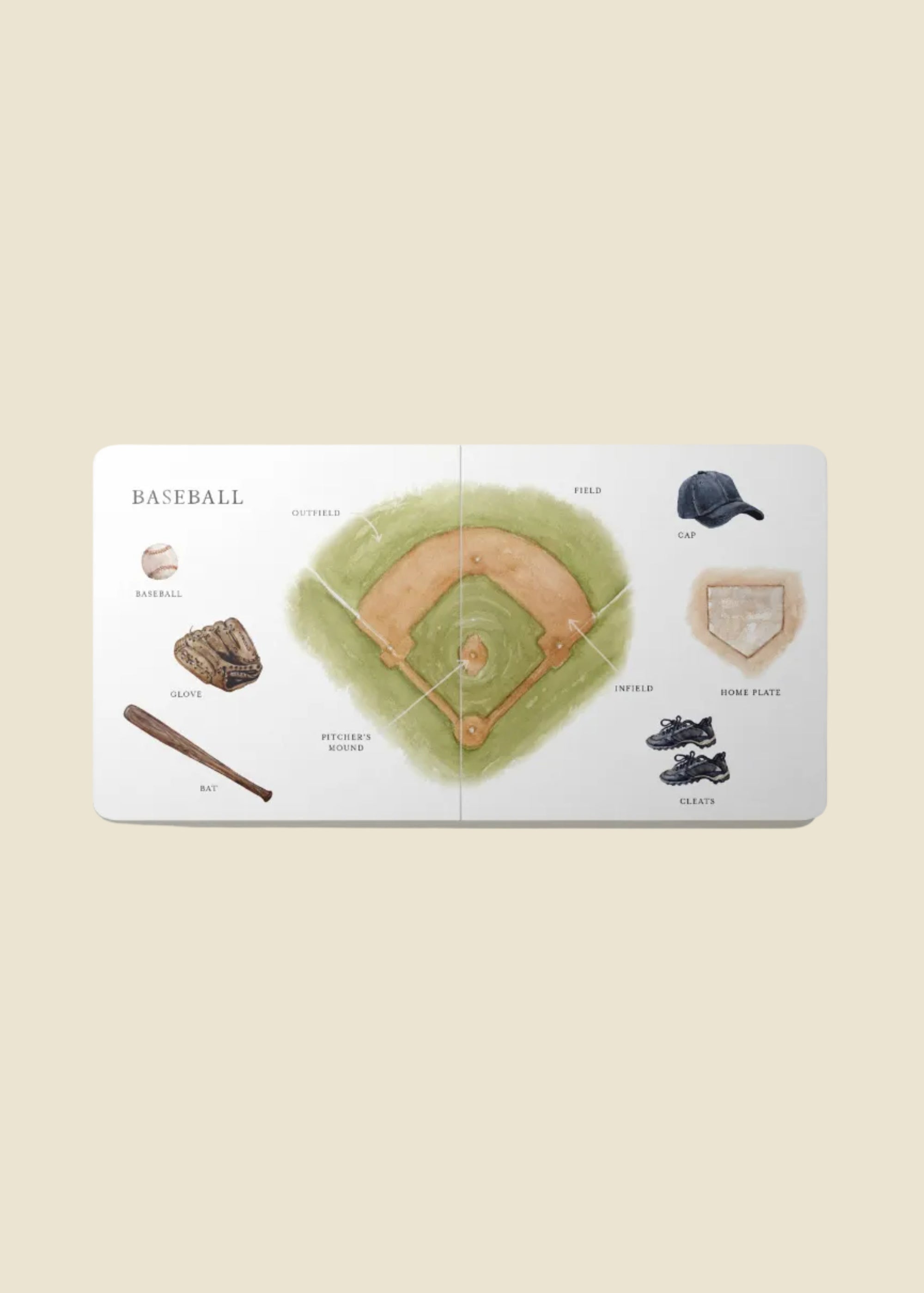 Educational book about baseball with illustrations of various baseball equipment on a beige background