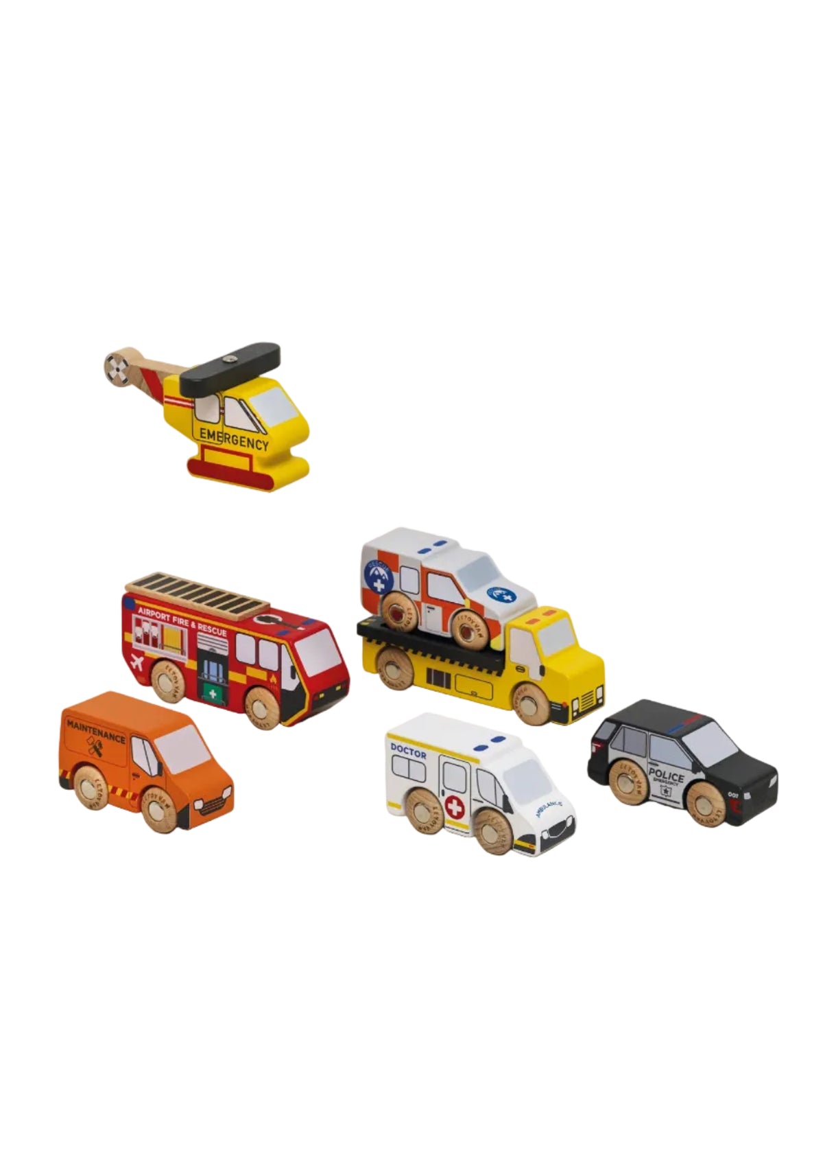 Set of toy emergency vehicles including a helicopter, fire truck, ambulance, and police car on a light gray background.