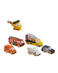 Set of toy emergency vehicles including a helicopter, fire truck, ambulance, and police car on a light gray background.