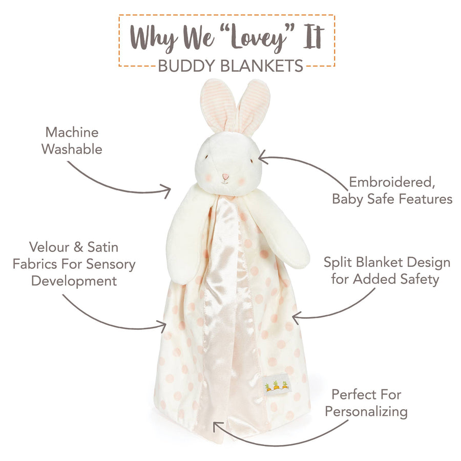 Buddy Blanket with bunny design and text highlighting features on a white background