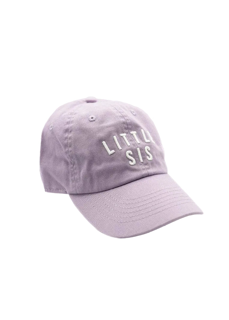 Purple cap with 'LITTLE SIS' text on a white background