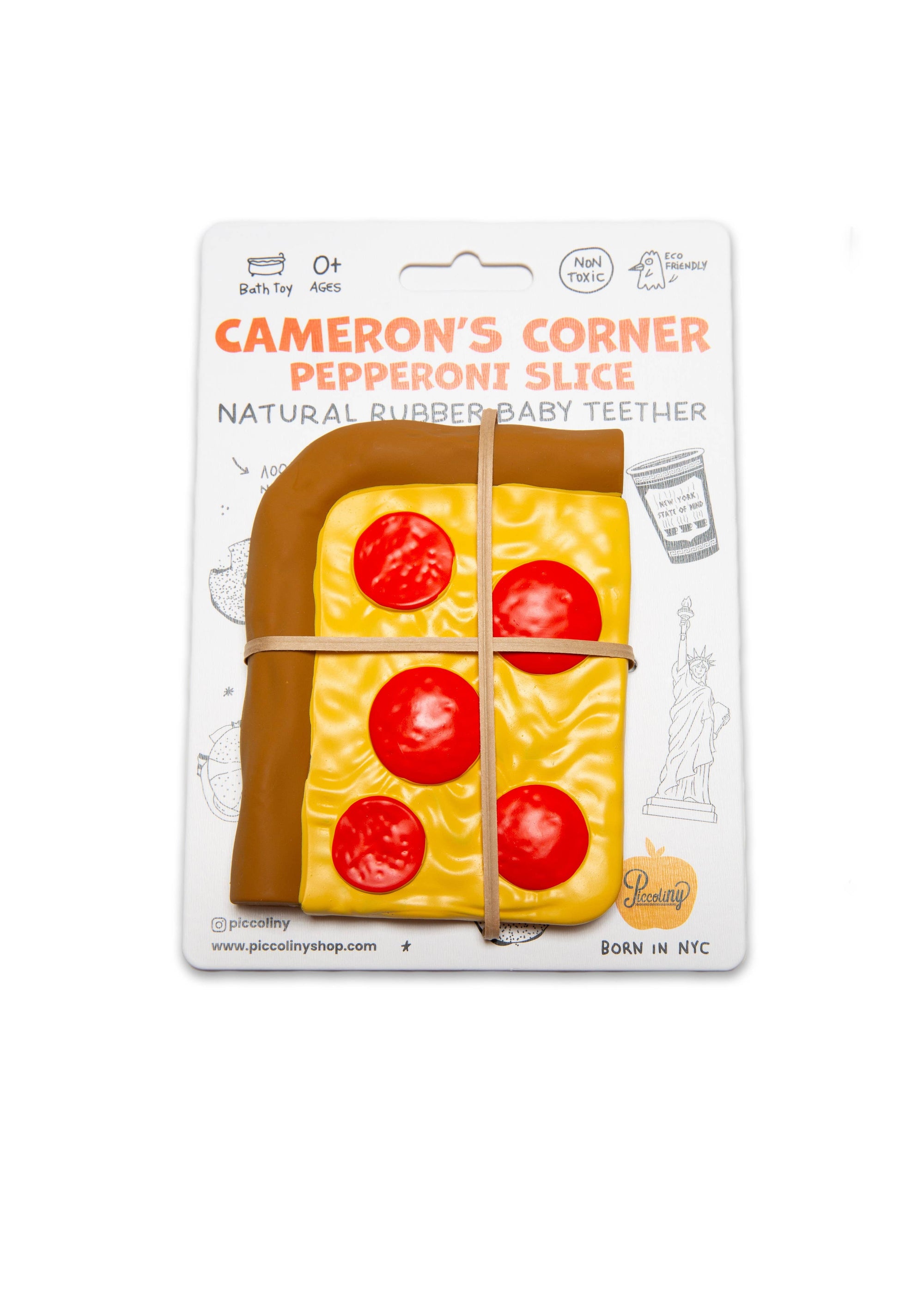 Package of Cameron's Corner pepperoni slice natural rubber baby teether on a white background