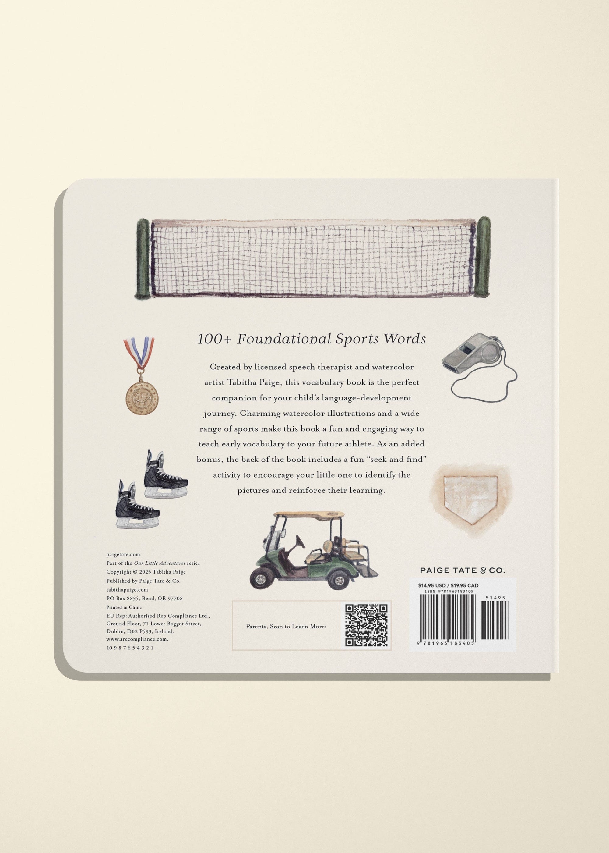 Back cover of a book with sports-themed illustrations and text on a beige background
