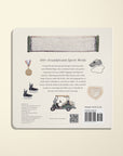 Back cover of a book with sports-themed illustrations and text on a beige background