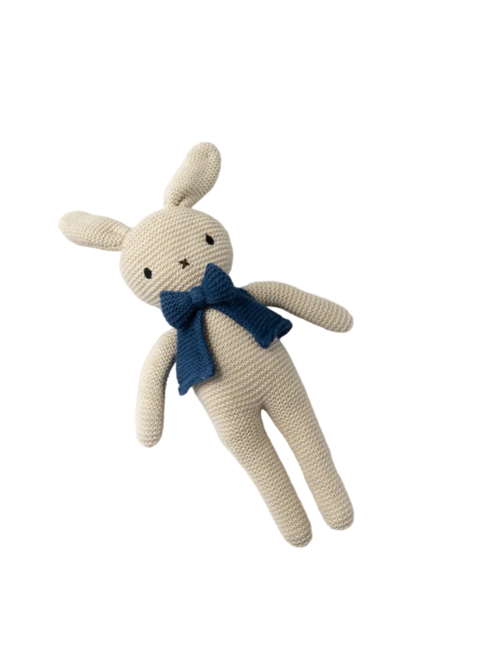 Knitted bunny toy with a blue scarf on a white background