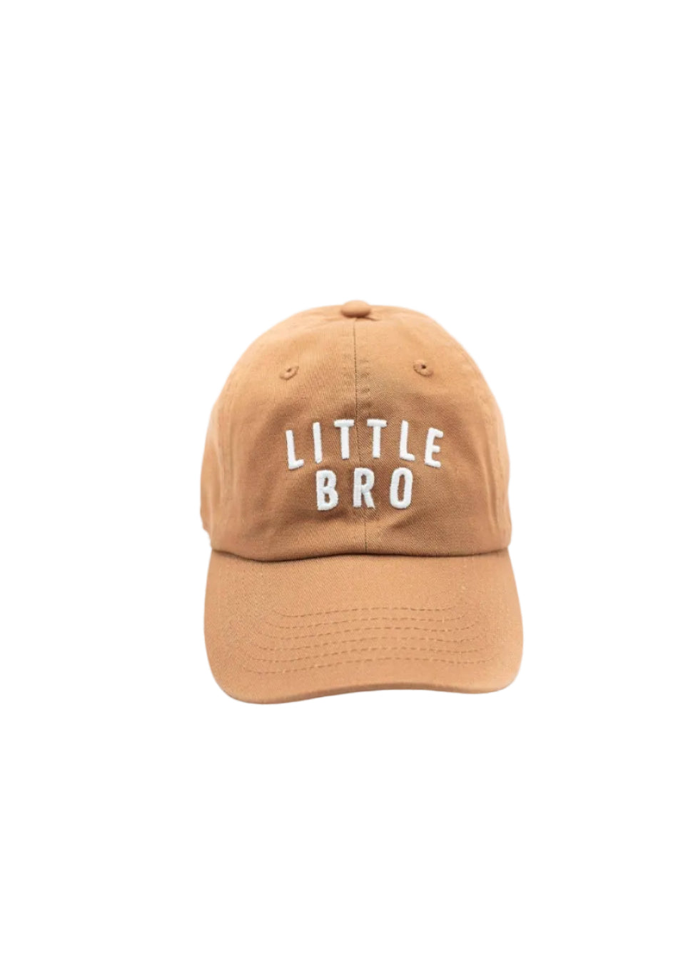 Brown cap with 'LITTLE BRO' text on a white background