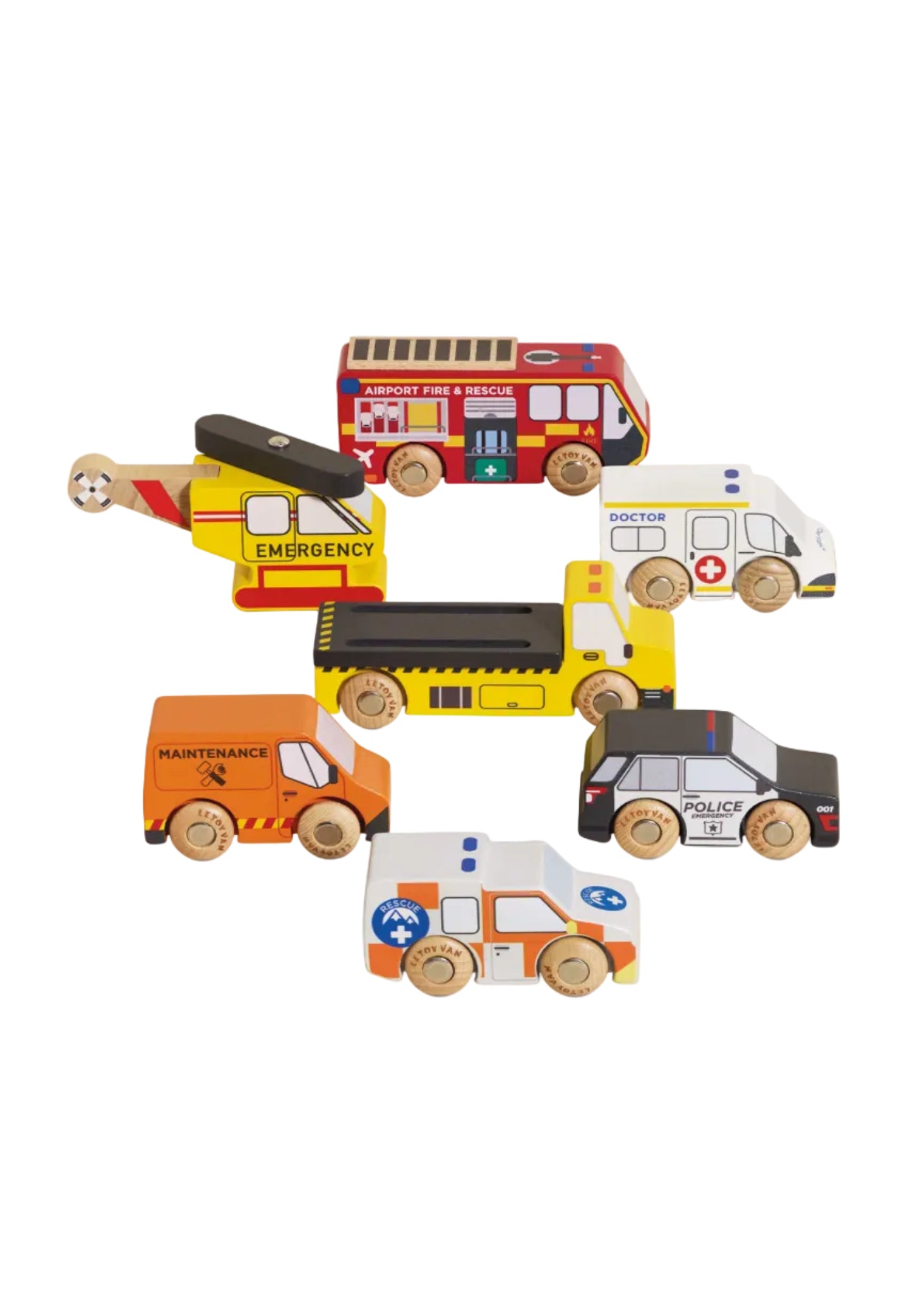 Set of wooden toy emergency vehicles including a helicopter, fire truck, ambulance, and police car on a white background.