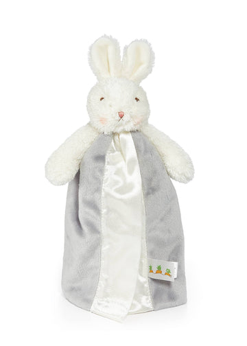 White plush bunny with a gray blanket on a white background