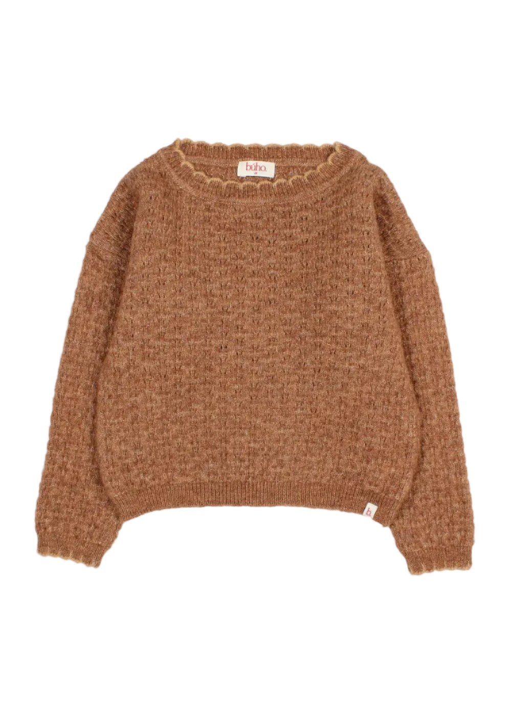 A textured knit crewneck sweater in a warm camel brown color, featuring a scalloped edge around the neckline and ribbed cuffs and hem, shown flat on a light gray background.