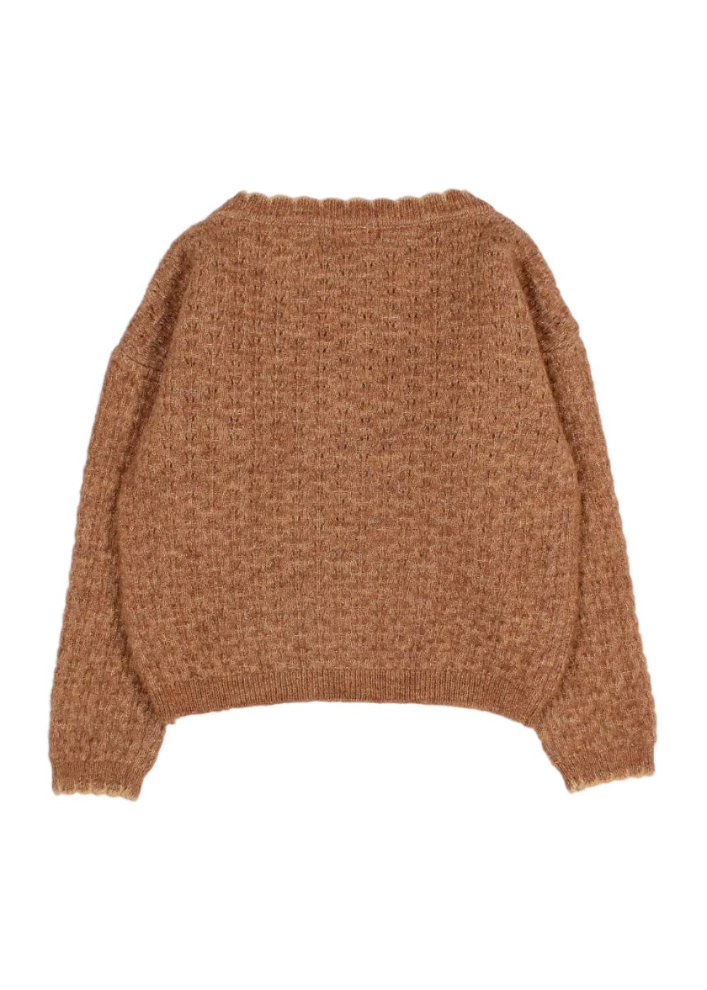 A textured, chunky knit sweater in a warm camel brown color, shown from the back against a clean white background.