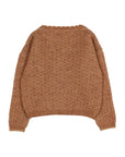 A textured, chunky knit sweater in a warm camel brown color, shown from the back against a clean white background.