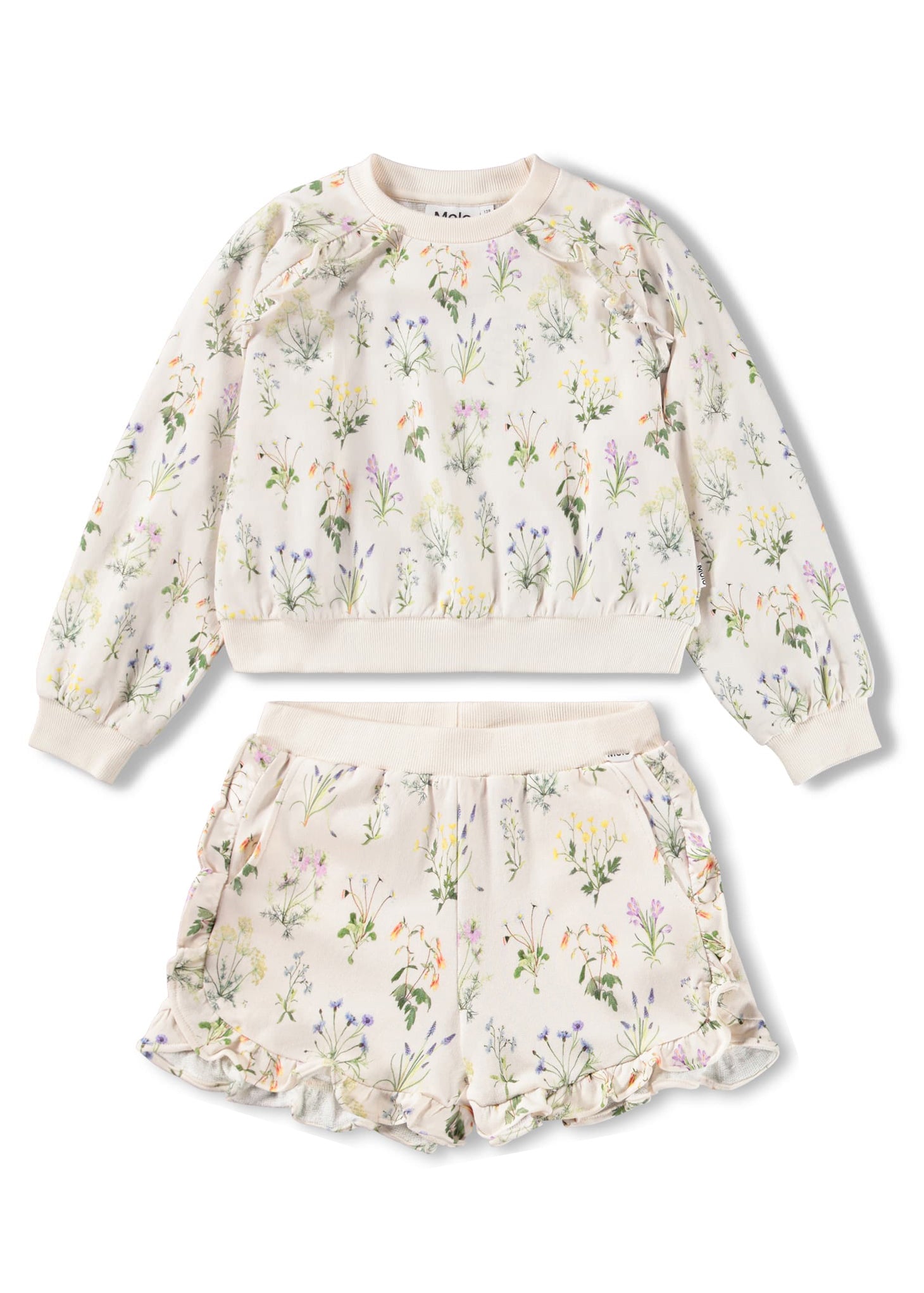 Floral sweatshirt and shorts set on a white background