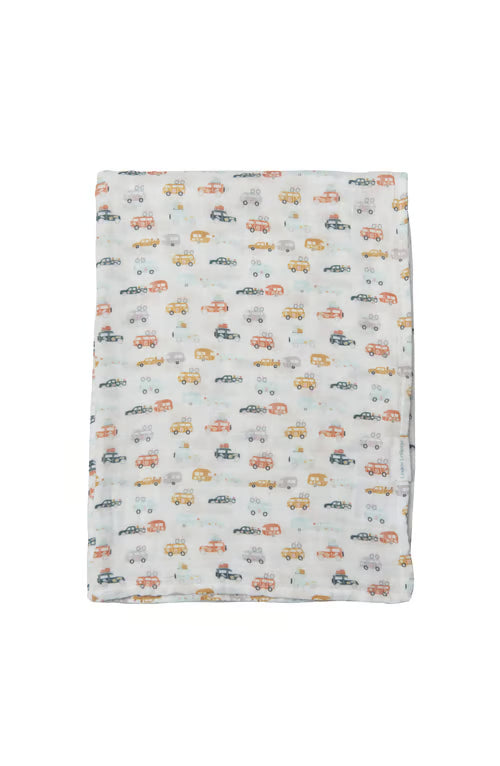 Flannel fabric with car pattern on a white background