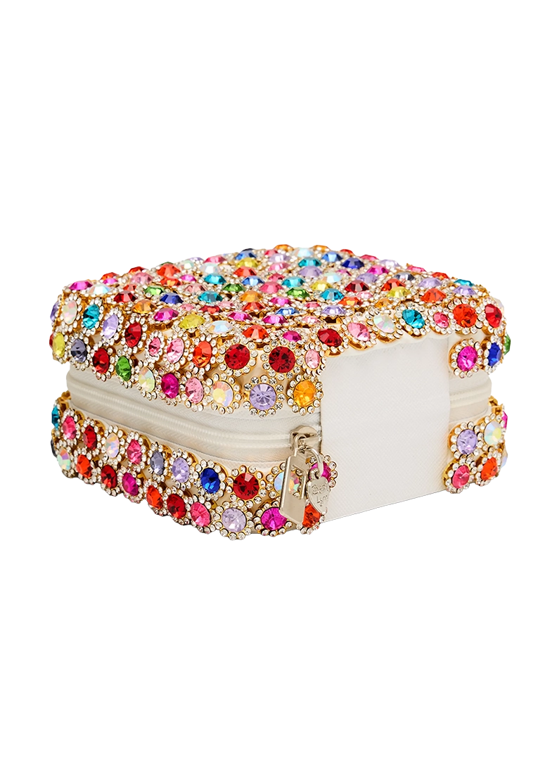Elegant clutch with colorful gemstones on a white background