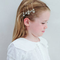 Young girl wearing star-shaped hair accessories against a plain background
