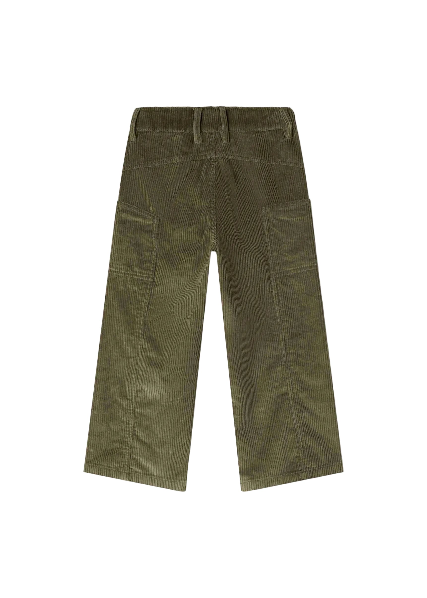 Olive green corduroy pants shown from the back, featuring a button closure and large side pockets, displayed on a white background with a black border.