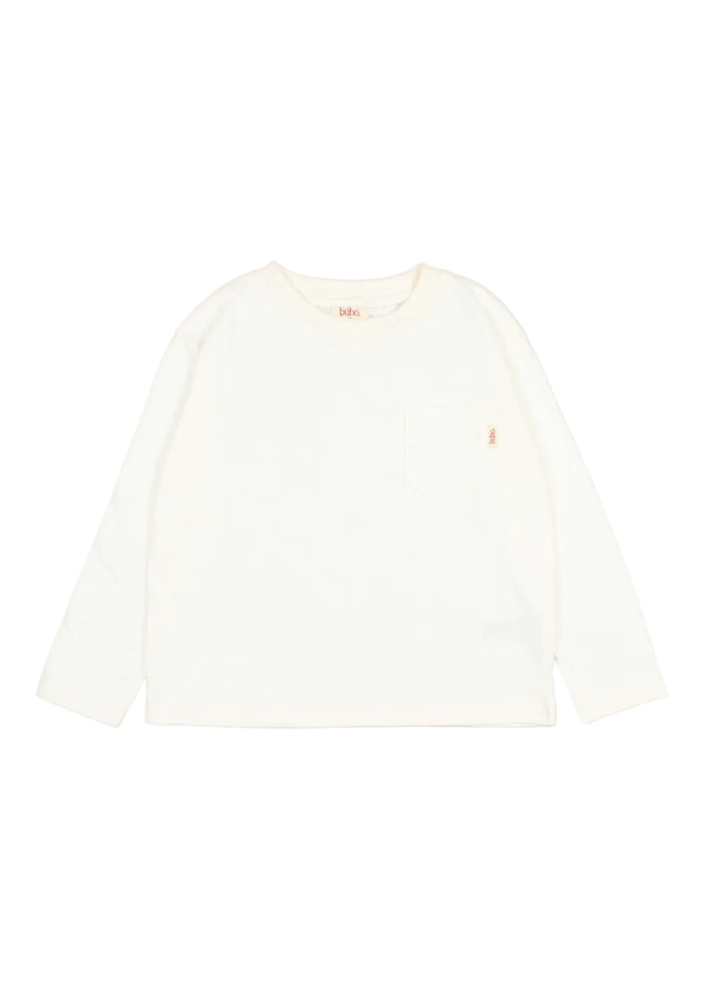 An off-white long-sleeve crewneck shirt with a small chest pocket and a tiny orange embroidered logo on the left chest, displayed flat against a light gray background.