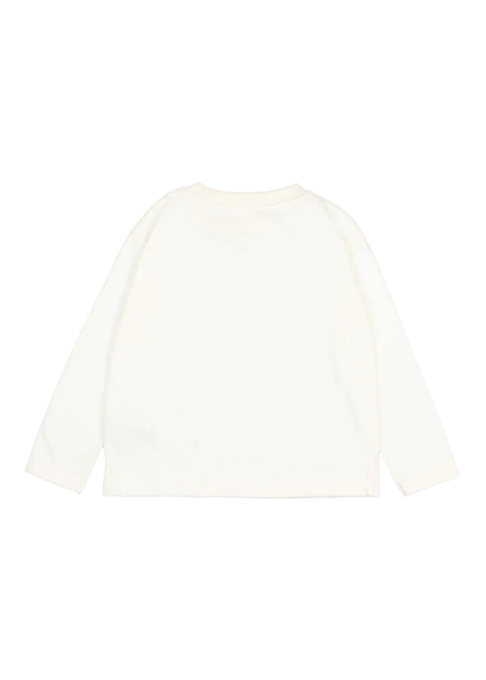 A long-sleeve crewneck shirt in a warm off-white or cream color, shown from the back on a clean, light gray background.