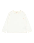 An off-white long-sleeve crewneck shirt with a small chest pocket and a tiny orange embroidered logo on the left chest, displayed flat against a light gray background.
