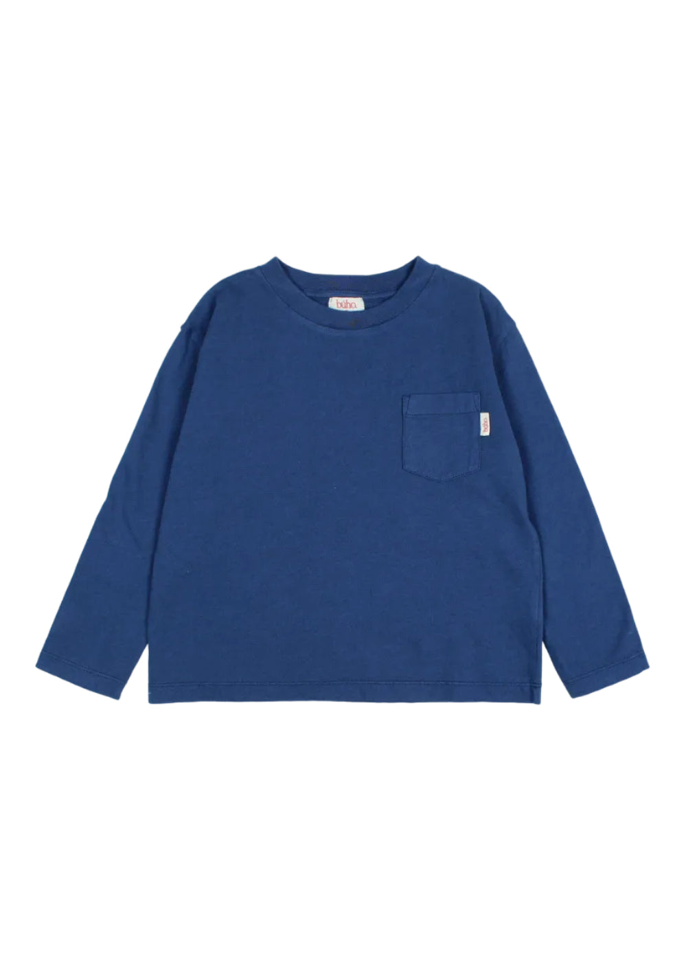 A dark blue long-sleeve crewneck shirt with a chest pocket, laid flat against a light gray background.