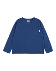 A dark blue long-sleeve crewneck shirt with a chest pocket, laid flat against a light gray background.