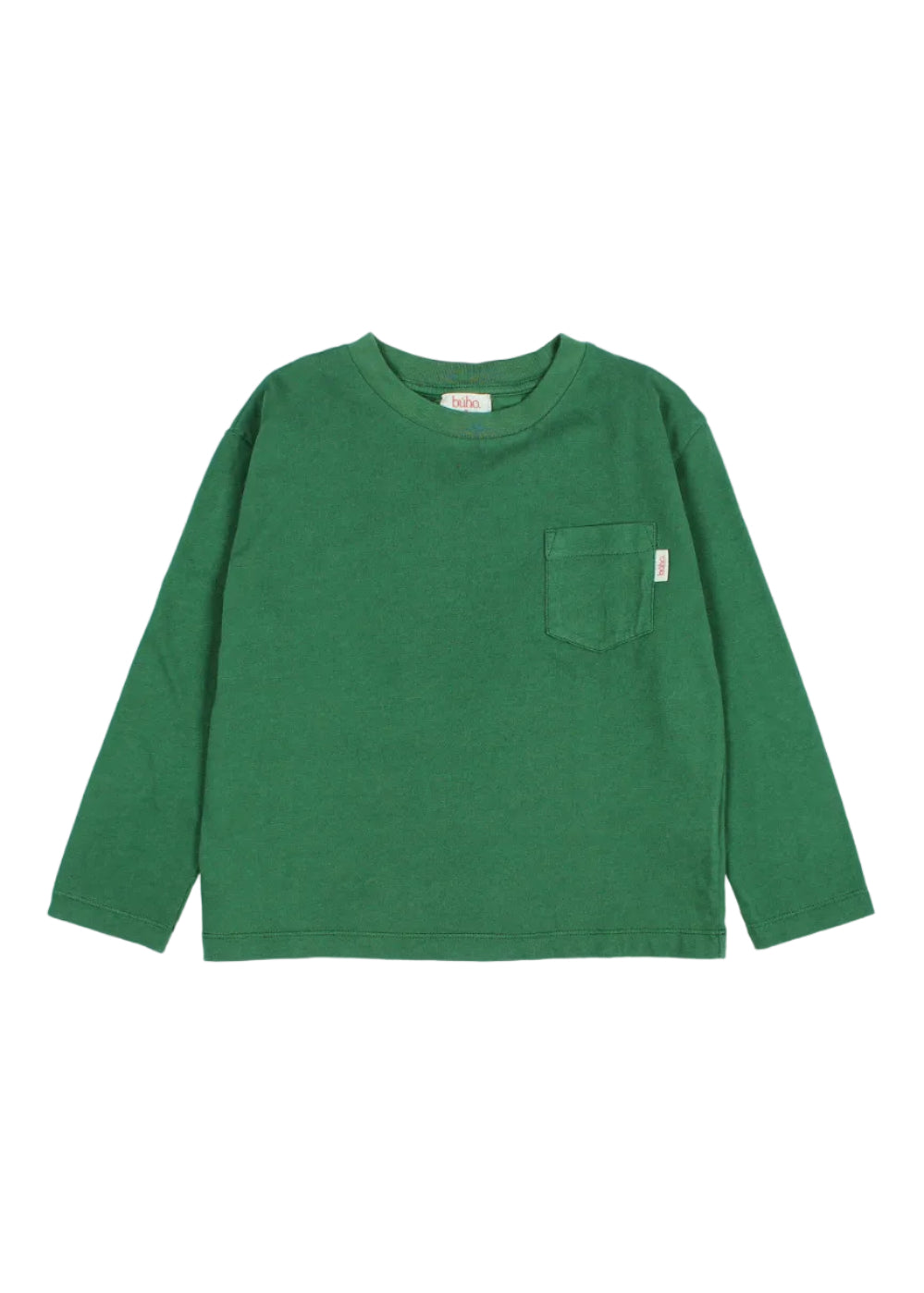 A green long-sleeve crewneck shirt with a chest pocket, laid flat against a light gray background.