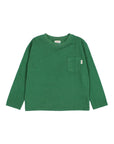 A green long-sleeve crewneck shirt with a chest pocket, laid flat against a light gray background.