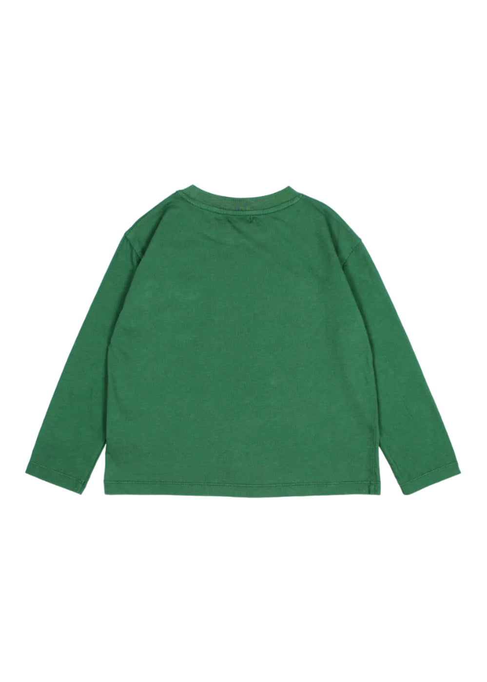 A green long-sleeve crewneck shirt shown from the back, laid flat against a light gray background.