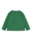A green long-sleeve crewneck shirt shown from the back, laid flat against a light gray background.