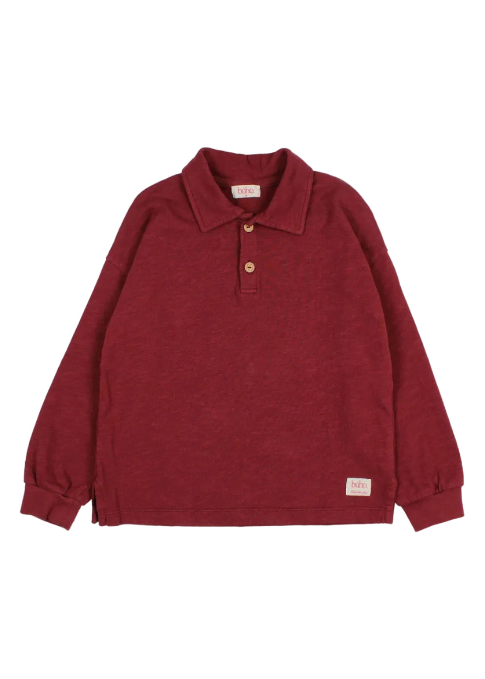 A long-sleeve polo shirt in a heathered burgundy red, featuring a two-button placket and a small brand label on the lower right hem, displayed flat against a light gray background.
